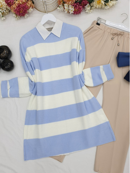 Striped Thessaloniki Knitwear Tunic       -Baby Blue