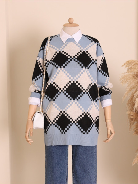 Checkered Pattern Double Plate Pique Knitted Knitwear Tunic -Blue