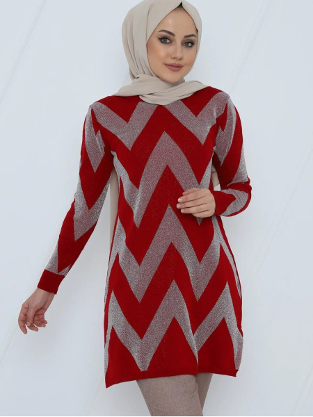 Zigzag Silvery Knitwear Tunic Short Front   -Red