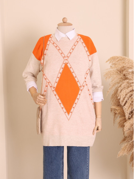 Pearls Baklava Pattern Double Plate Pique Knitted Knitwear Tunic -Stone
