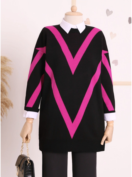 V Pattern Double Plaque Pique Knitted Knitwear Tunic -Fuchsia