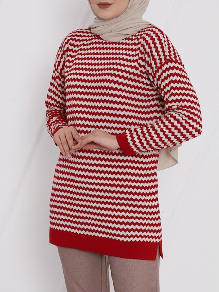 Zigzag Pattern Tricot Tunic  -Red