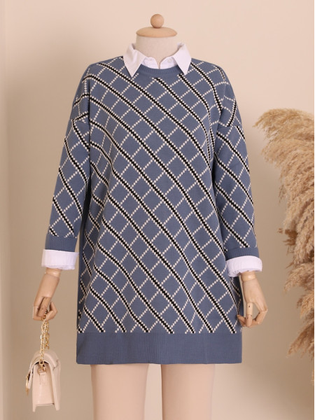 Pixel Diamond Pattern Double Plate Pique Knitted Knitwear Tunic -İndigo