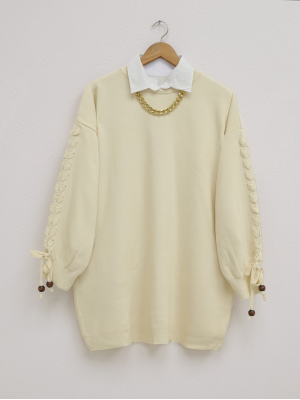 Crew Neck Knitwear Tunic with Braided Sleeves -Cream color