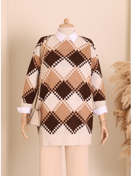 Checkered Pattern Double Plate Pique Knitted Knitwear Tunic -Stone