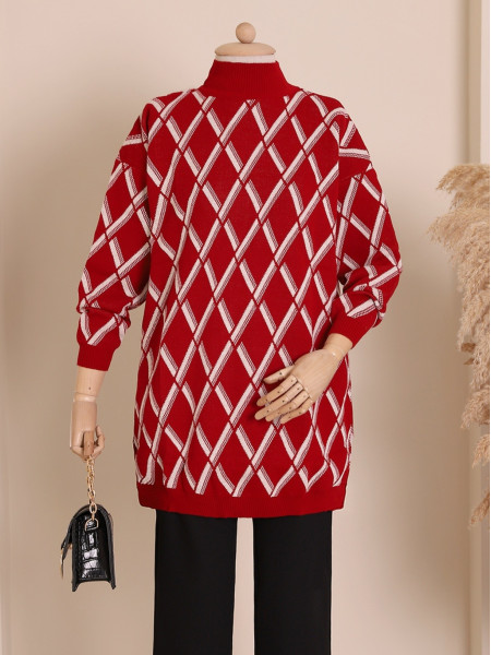 Half Neck Baklava Pattern Double Plaque Knitwear Tunic -Red