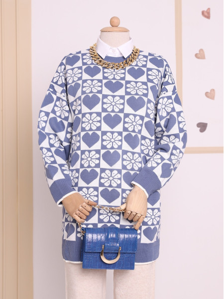 Heart Floral Patterned Knitwear Tunic -İndigo