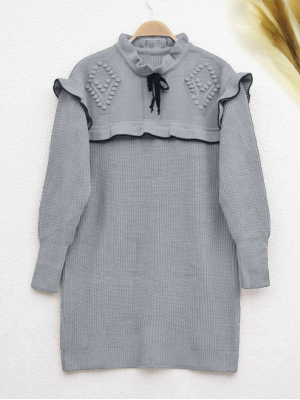 Laced Knitwear Tunic with Frilled Collar  -Grey