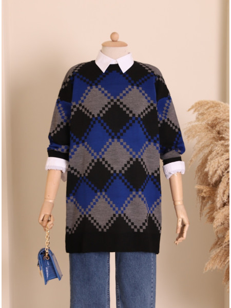 Checkered Pattern Double Plate Pique Knitted Knitwear Tunic -Saxe 