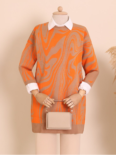 Crew Neck Juicy Pattern Hijab Knitwear Tunic -Orange