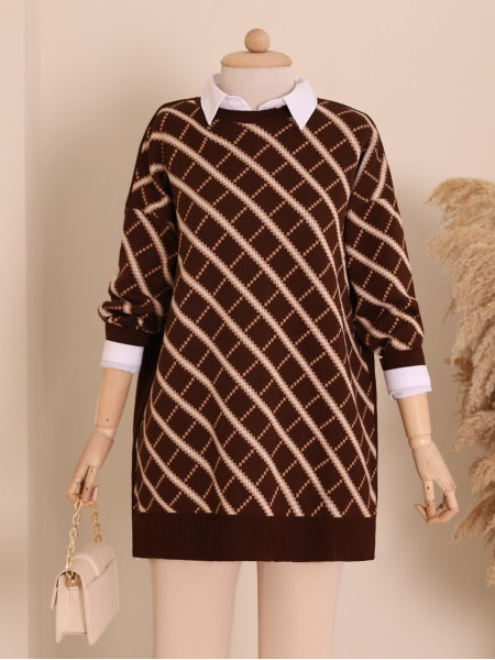 Pixel Diamond Pattern Double Plate Pique Knitted Knitwear Tunic -Brown