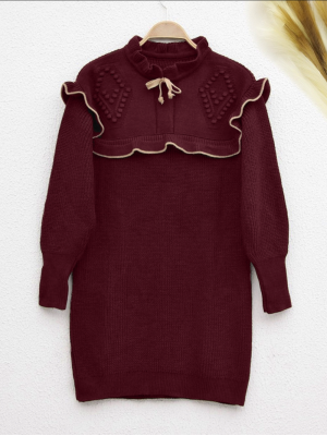 Laced Knitwear Tunic with Frilled Collar   -Maroon