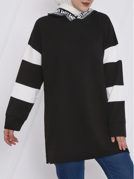 Slit Hooded Combed Cotton Sweat with Text Stripe -Black