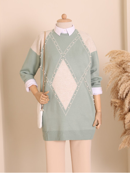 Pearls Baklava Pattern Double Plate Pique Knitted Knitwear Tunic -Mint Color