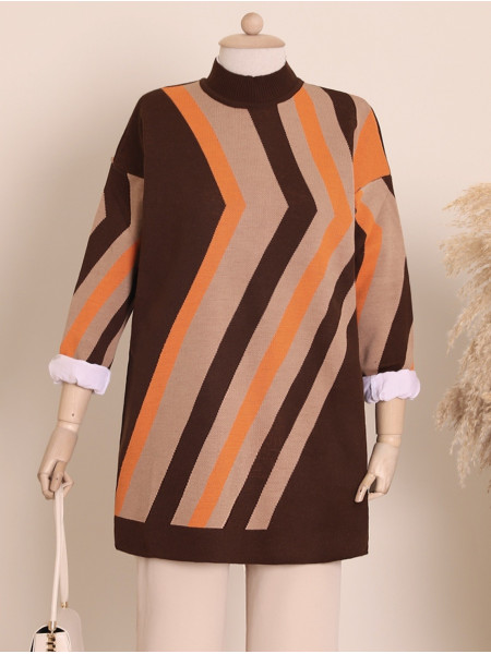 Half Neck Zigzag Pattern Hijab Knitwear Tunic -Brown