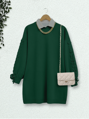 Crew Neck Knitwear Tunic with Braided Sleeves -Emerald