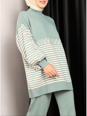 Süzene Embroidered Striped Knitwear Tunic -Mint Color