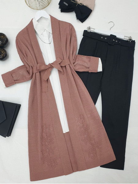 Fold Collar Sleeves Openwork Knitwear Cardigan -Dried rose