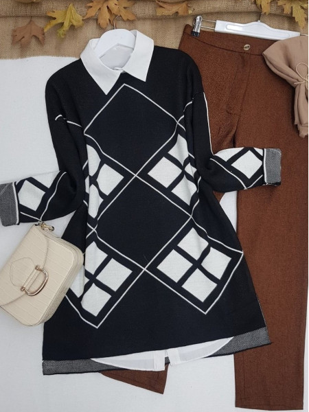 Sleeves Lozenge Pattern Double Layer Knitwear Tunic -Black