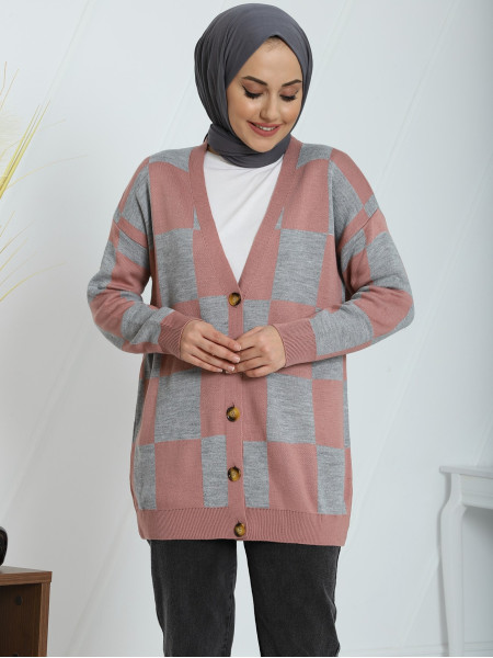 Large Square Patterned Buttoned Knitwear Cardigan -Powder