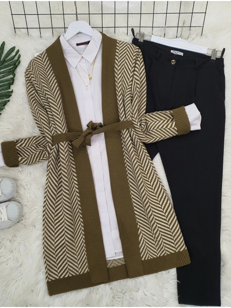 Fold Collar Zigzag Pattern Knitwear Cardigan -Khaki