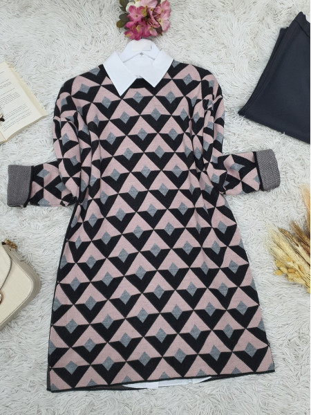 Three Color Triangle Pattern Double Layer Knitwear Tunic -Powder
