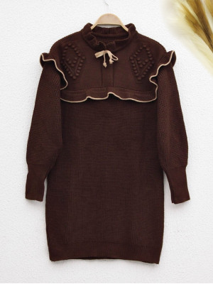 Laced Knitwear Tunic with Frilled Collar -Brown