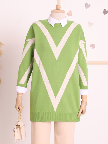 V Pattern Double Plaque Pique Knitted Knitwear Tunic -PISTACHIO GREEN