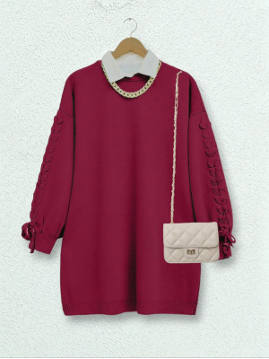 Crew Neck Knitwear Tunic with Braided Sleeves   -Red