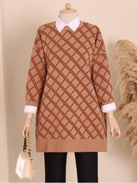 Pixel Diamond Pattern Double Plate Pique Knitted Knitwear Tunic -Mink color