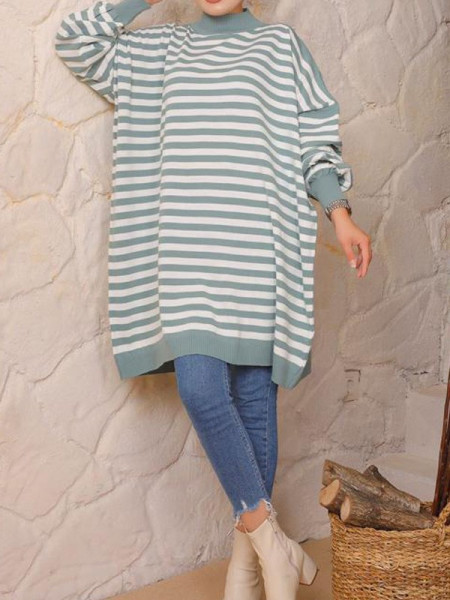 Striped Oversize Double Plate Pique Knitted Knitwear Tunic -Mint Color