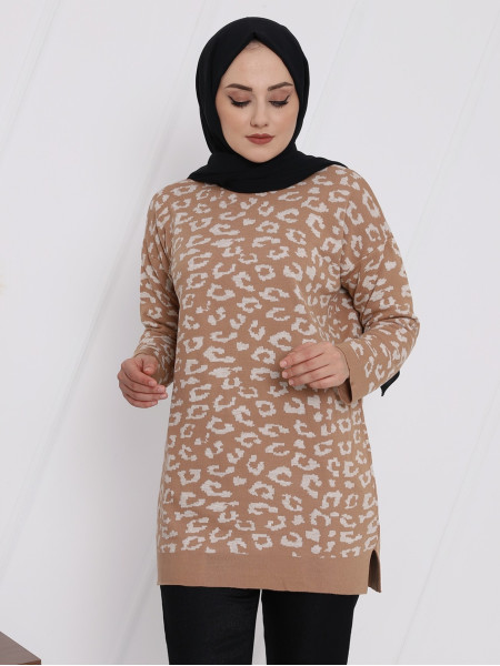 Half Neck Double Layer Patterned Knitwear Tunic -Mink color