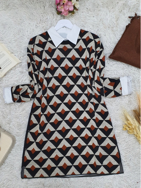 Three Color Triangle Pattern Double Layer Knitwear Tunic -Snuff