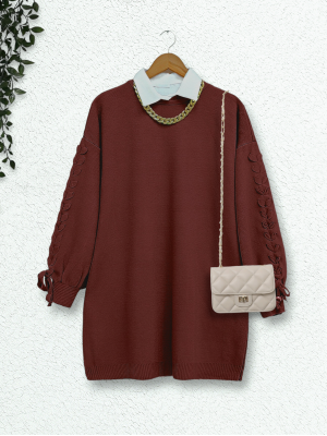 Crew Neck Knitwear Tunic with Braided Sleeves    -Outdoor Tile