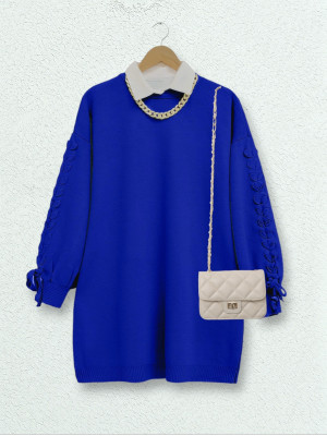 Crew Neck Knitwear Tunic with Braided Sleeves -Saxe 