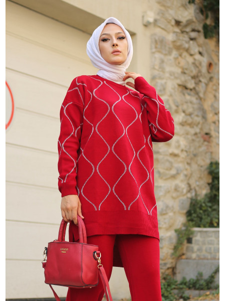 Back Long Spiral Pattern Knitwear Tunic -Red