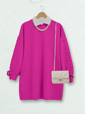 Crew Neck Knitwear Tunic with Braided Sleeves -Fuchsia
