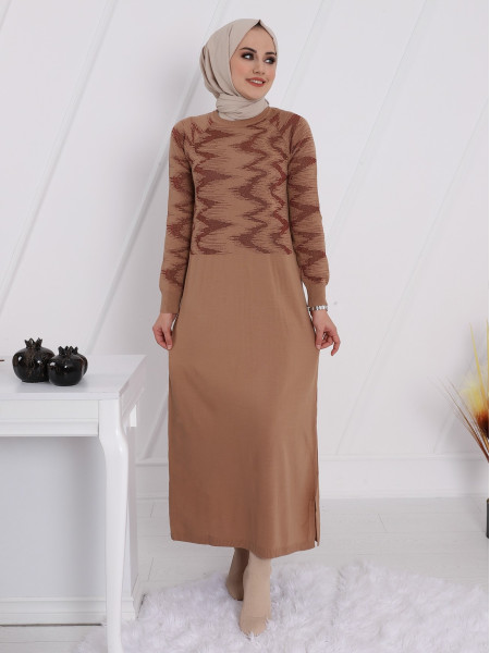Zigzag Shimmer Detailed Slit Long Knitwear Dress -Mink color