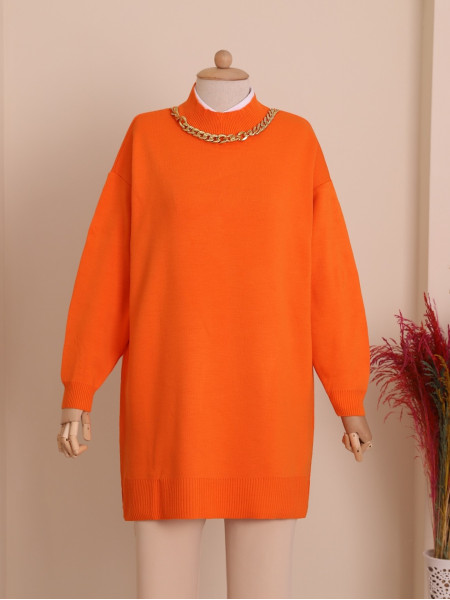 Half Neck Necklace Hijab Knitwear Tunic  -Orange