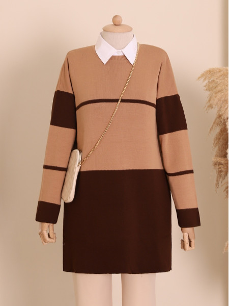 Two Colors Double Plate Pique Knitted Knitwear Tunic -Brown
