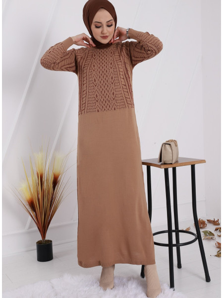 Shimmer Detailed Long Knitwear Dress on Sleeves and Top -Mink color