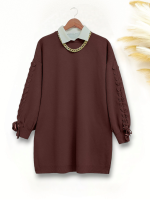 Crew Neck Knitwear Tunic with Braided Sleeves -Brown