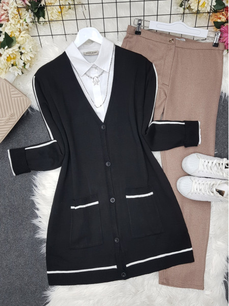 Double Pocket Buttoned Striped Knitwear Cardigan -Black