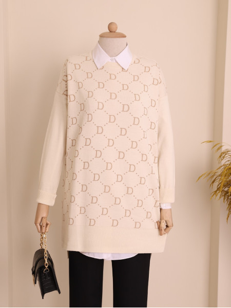 Silvery D Pattern Crew Neck Knitwear Tunic -Cream color
