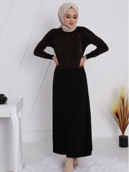 Shimmer Detailed Long Knitwear Dress on Sleeves and Top -Copper