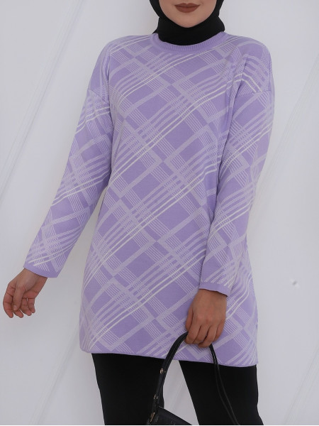 Square Pattern Slit Knitwear Tunic -Lilac