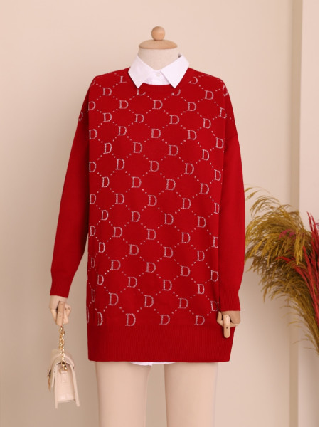 Silvery D Pattern Crew Neck Knitwear Tunic -Red