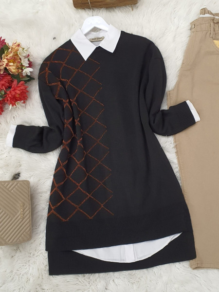 Half Glittery Checked Front Short Knitwear Tunic -Copper