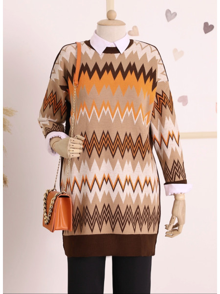 Ethnic Pattern Double Plate Pique Knitted Knitwear Tunic -Mink color