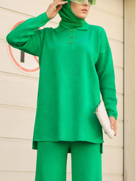 Polo Collar Double Plate Steel Knit Knitwear Tunic -Green